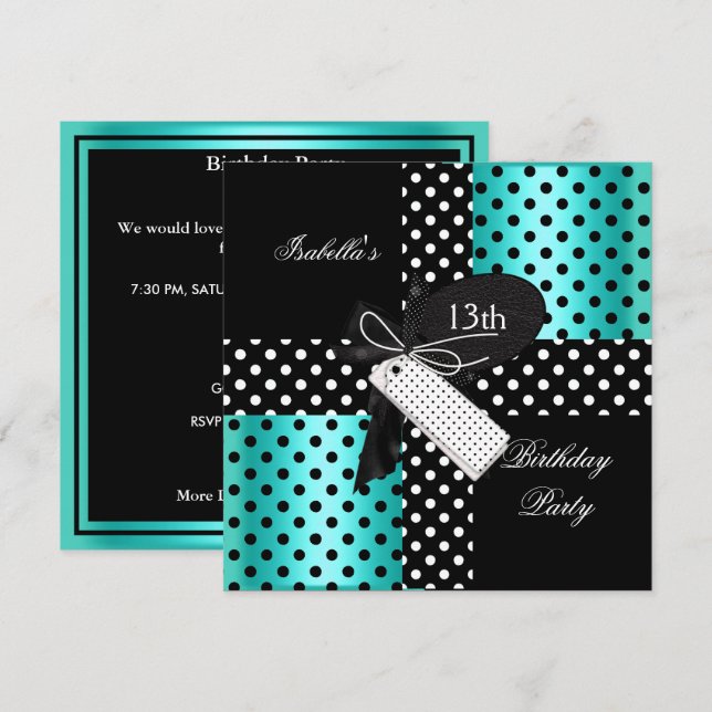13th Birthday Polka Dot Teal Blue Black White 2 Invitation (Front/Back)