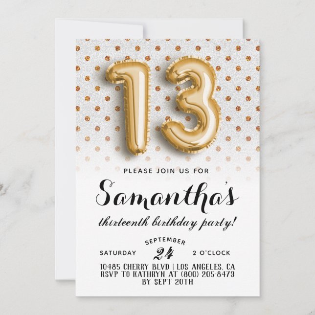 13th Birthday Polkadot Glitter Invitation (Front)
