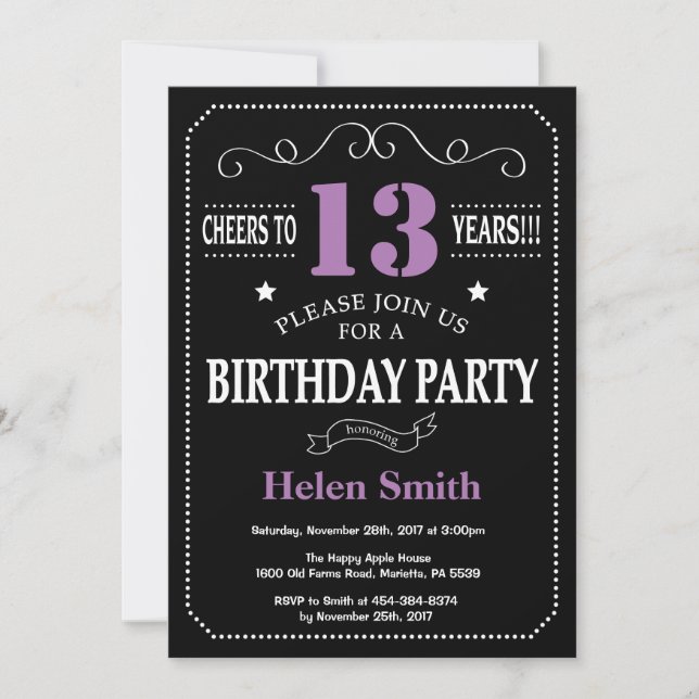 13th Birthday Purple and Black Chalkboard Invitation (Front)