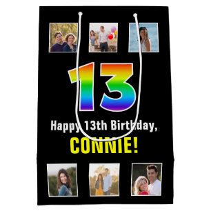 13th Birthday: Rainbow “13“, Custom Photos & Name Medium Gift Bag