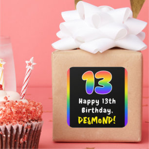 13th Birthday: Rainbow Spectrum # 13, Custom Name Square Sticker