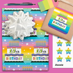 13th Birthday Rainbow Stripes Cake Wrapping Paper Sheet
