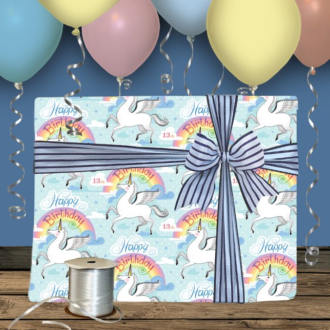 13th Birthday Rainbow Unicorn Blue Clouds Stars  Wrapping Paper Sheet (Creator Uploaded)