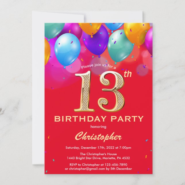 13th Birthday Red and Gold Colourful Balloons Invitation (Front)
