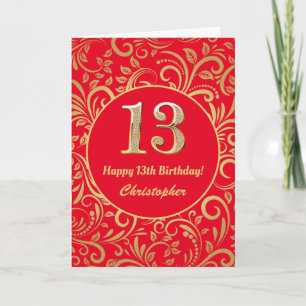 13th Birthday Red and Gold Floral Pattern Card