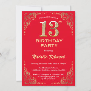 13th Birthday Red and Gold Glitter Frame Invitation