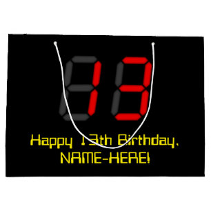 13th Birthday: Red Digital Clock Style "13" + Name Large Gift Bag