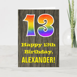 13th Birthday: Rustic Faux Wood Look, Rainbow "13" Card