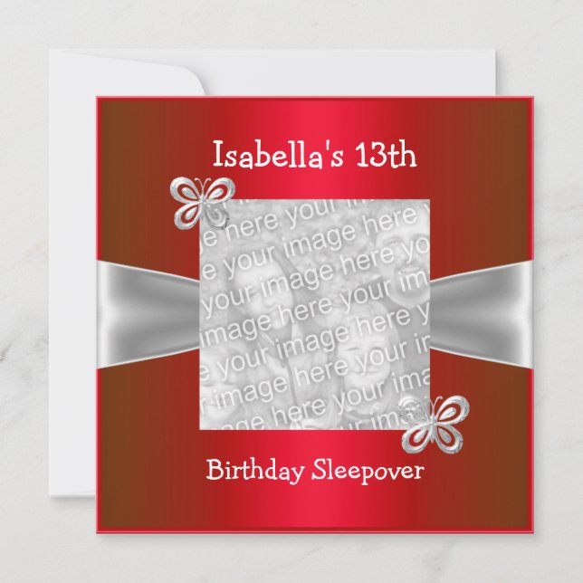 13th Birthday Sleepover Butterfly Photo Red Invitation (Front)