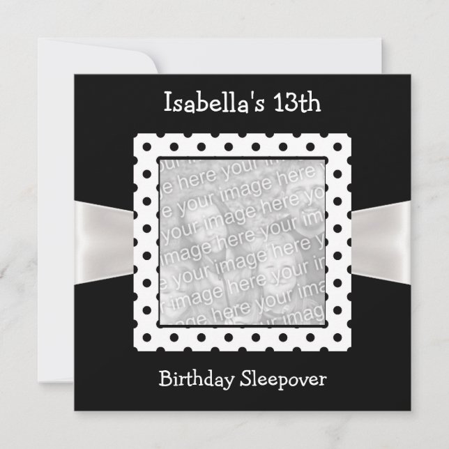 13th Birthday Sleepover White Black Spots Photo Invitation (Front)