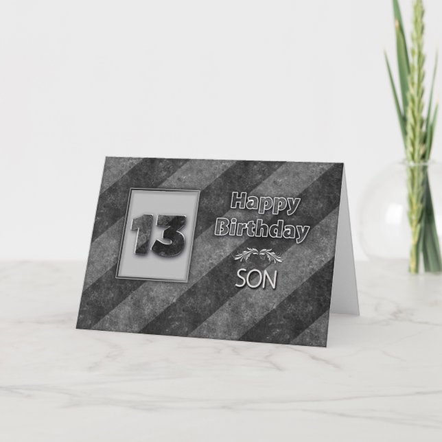 13th BIRTHDAY, Son, Grunge Gray Stripes Card (Front)
