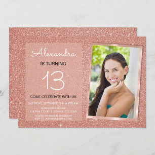 13th Birthday Sparkle Rose Gold Blush Pink Photo Invitation