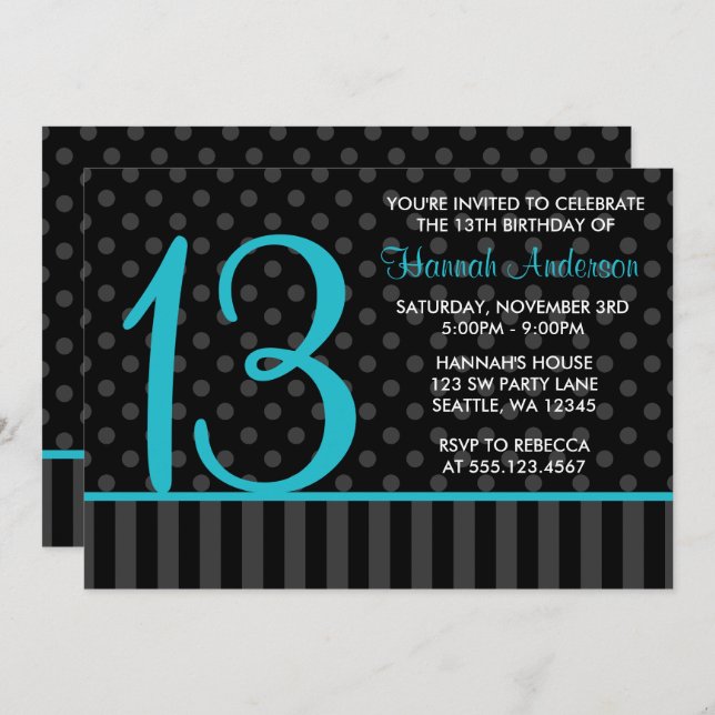 13th Birthday Teal Blue Black Polka Dot Stripes Invitation (Front/Back)
