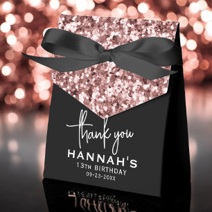 13th Birthday Thank You Rose Gold Glitter Script Favor Box