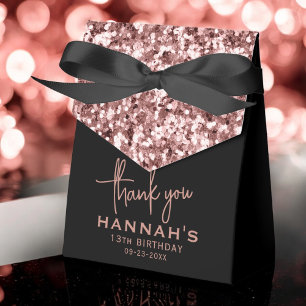 13th Birthday Thank You Rose Gold Glitter Script Favor Box