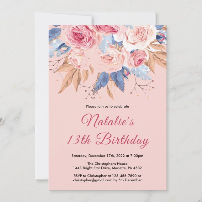 13th Birthday Watercolor Botanical Pink Floral Invitation (Front)
