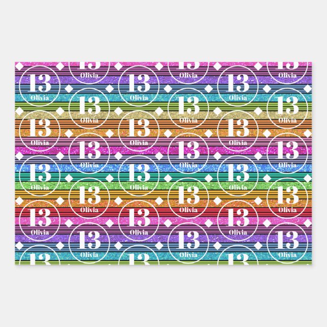 13th BirthdayCustom Name Age Wrapping Paper Sheets (Front)