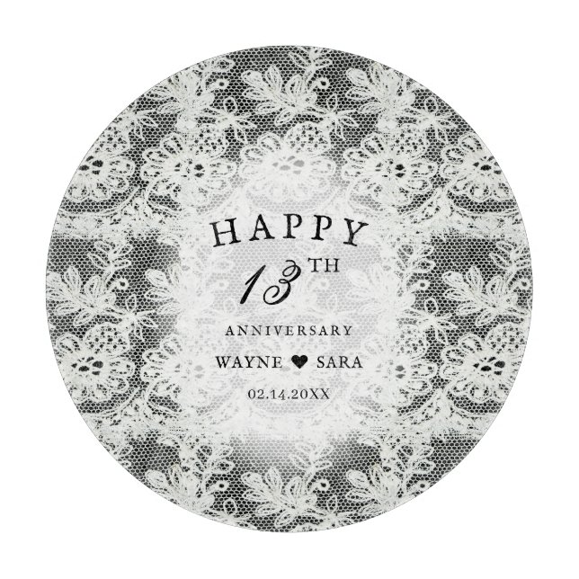 13th Black + White Lace Wedding Anniversary Cutting Board (Front)