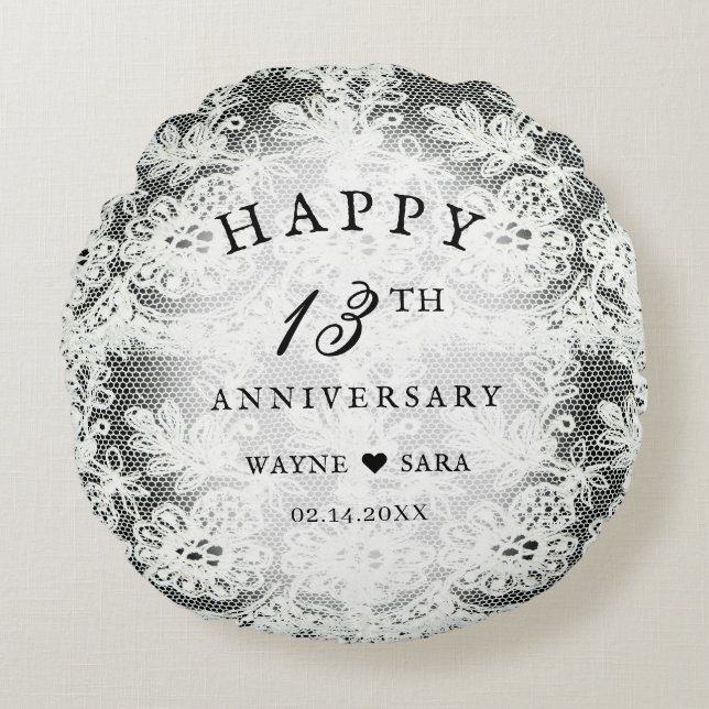 13th Black + White Lace Wedding Anniversary Round Pillow (Front)
