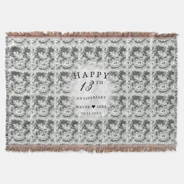 13th Black + White Lace Wedding Anniversary Throw Blanket (Front)