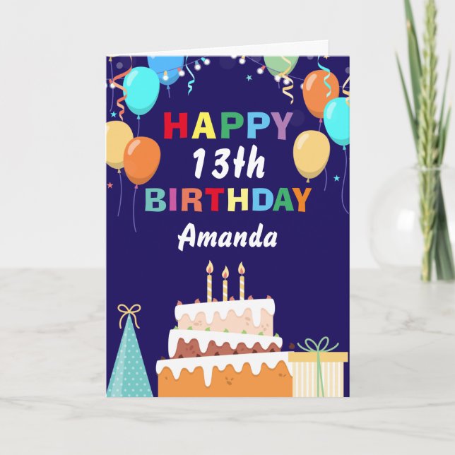 13th Happy Birthday Balloons Cake Navy Blue Card (Front)