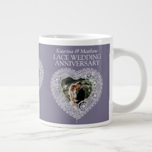 13th Lace Wedding anniversary heart photo gray Large Coffee Mug
