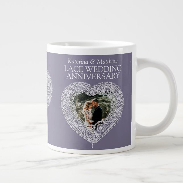 13th Lace Wedding anniversary heart photo gray Large Coffee Mug (Right)