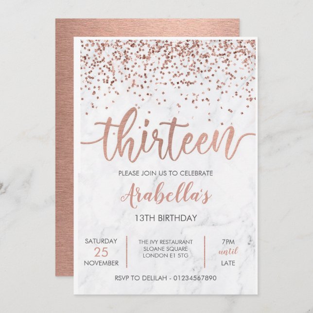 13th, Marble Rose Gold Pink Invitation (Front/Back)