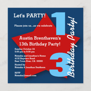 13th Teen Birthday Modern Navy Red White Blue B02 Invitation