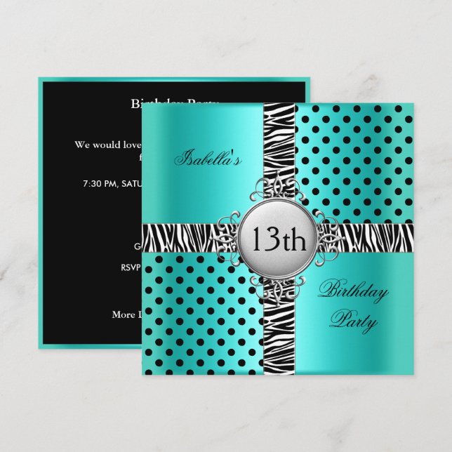 13th Teen Birthday Party Teal Blue Black Zebra Invitation (Front/Back)