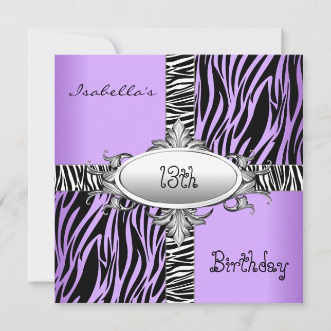 13th Teen Birthday Zebra Wild Purple Animal Black Invitation (Front)