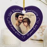 13th Wedding Anniversary Photo Ceramic Ornament<br><div class="desc">Celebrate a 13th happy year of marriage with a custom photo ornament in a delightful heart shape frame. Simply upload your own photo of the married couple and it will appear in the cutout. The purple surround features a white script font and decorations. The words are: 13th Wedding Anniversary -...</div>