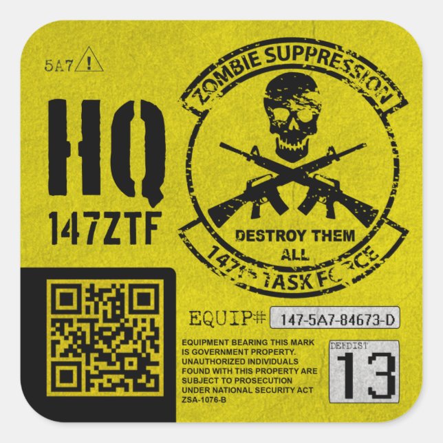 147th Zombie Task Force Headquarters Unit ID Square Sticker (Front)