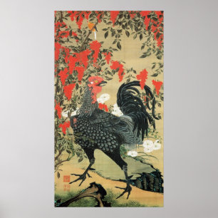14. 南天雄鶏図, 若冲 Red Nuts and Rooster, Jakuchu Poster