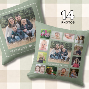 14 Family Photo Collage Create Your Own Sage Green Throw Pillow