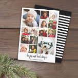14 Photo Christmas Collage Minimalist black Happy Holiday Card<br><div class="desc">Use 14 square photos with the subject centered. A simple,  balck and white striped design on the back and a minimal design on the front. Wishing you a Merry Christmas and a Happy New Year. If you need to move anything around,  click on the customize button to make changes.</div>