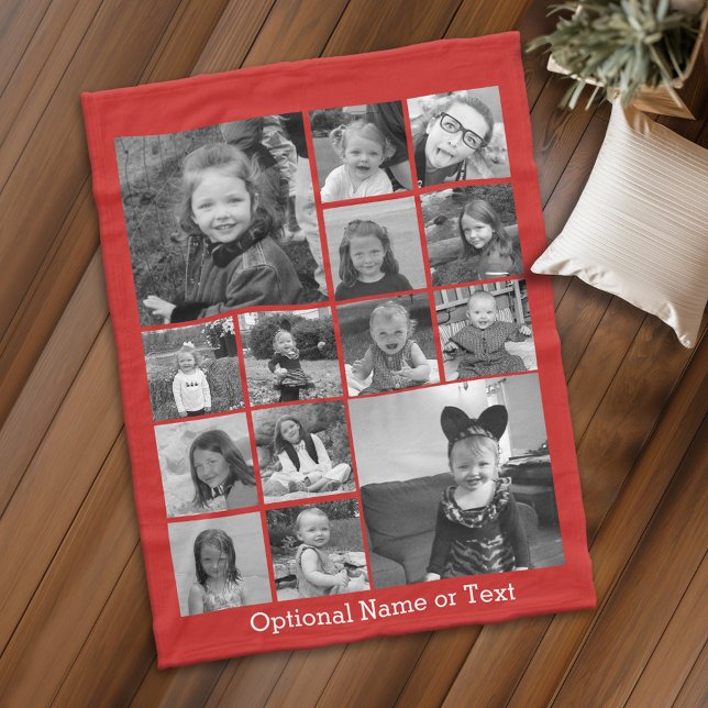 14 Photo Collage CAN EDIT red COLOR white text Fleece Blanket (Personalized fleece blanket with 14 photos and custom text - Makes a great Gift)