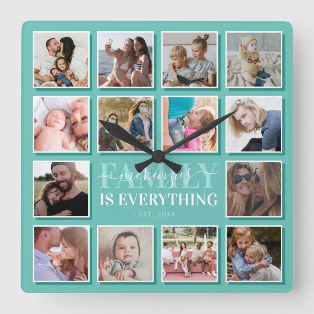 14 Photo Collage Family Name Teal Square Wall Clock (Front)