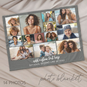 14 Photo Collage Grid - 2 Text boxes - grey white Fleece Blanket