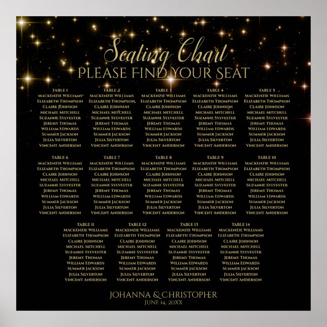 14 Table Black Wedding Seating Chart w/ gold stars (Front)