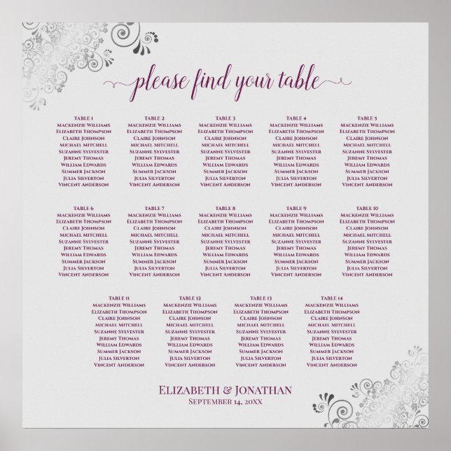 14 Table Cassis on Grey Wedding Seating Chart (Front)