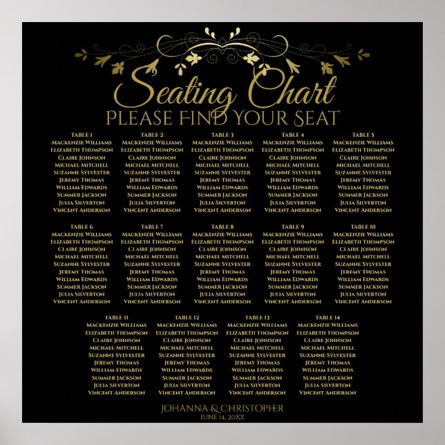14 Table Elegant Gold Black Wedding Seating Chart (Front)