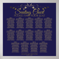 14 Table Elegant Gold & Navy Wedding Seating Chart