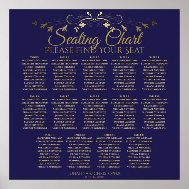 14 Table Elegant Gold & Navy Wedding Seating Chart (Front)