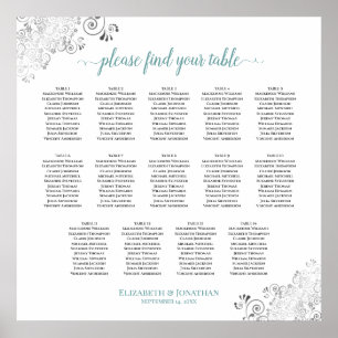14 Table Frilly Wedding Seating Chart White & Teal