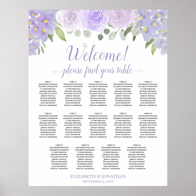 14 Table Lavender Floral Wedding Seating Chart (Front)