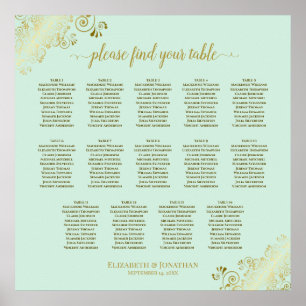 14 Table Mint Green & Gold Wedding Seating Chart