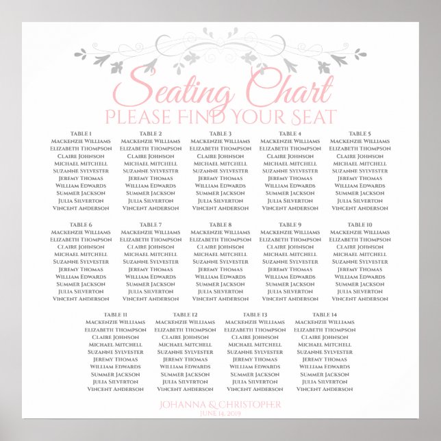 14 Table Pink & Grey Wedding Seating Chart (Front)