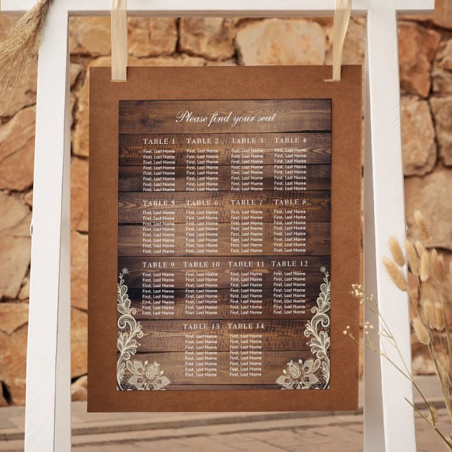 14 Tables Bois rustique & Mariage dentelle Tableau (14 Tables Rustic Wood & Lace Wedding Seating Chart)
