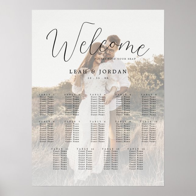 14 Tables Calligraphy Photo Wedding Seating Chart (Front)